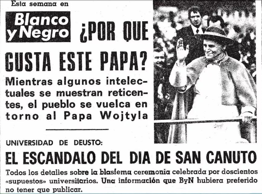 El Papa Juan Pablo II comparte página en Blanco y Negro con la primera celebración de San Canuto en la Universidad de Deusto, allá por 1979.