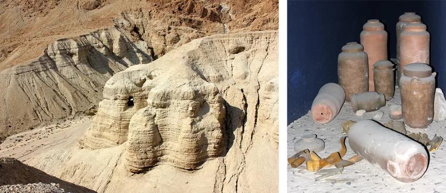 Panorámica de las Cuevas de Qumrán y réplicas de las vasijas en las que se hallaron los célebres Manuscritos de Qumrán. 