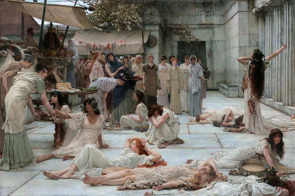 Las mujeres de Amfissa, una obra de Lawrence Alma-Tadema que retrata a un grupo de bacantes, las bellas sacerdotisas de Dioniso.