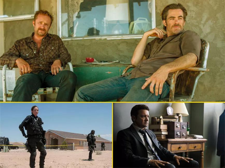 Arriba, fotograma de Comanchería. Sobre estas líneas, Sicario, largometraje dirigido por Dennis Villeneuve con guion de Sheridan, y la serie Mayor of Kingstown, protagonizada por Jeremy Renner.