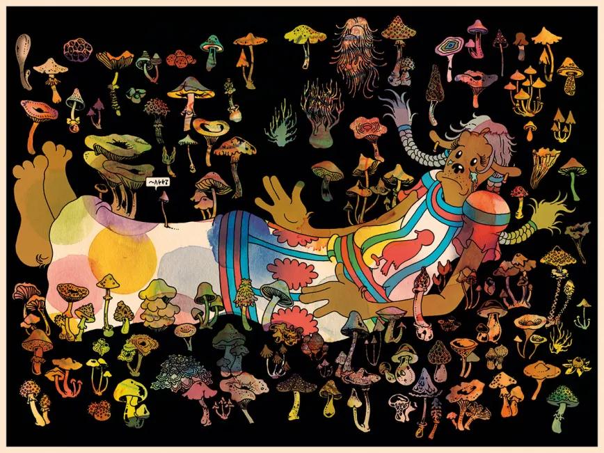La curandera mazateca María Sabina llora rodeada de hongos alucinógenos, sus “niños santos”, en una de las ilustraciones de Mycelium Wassonii.