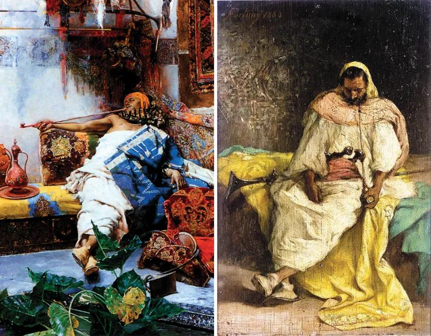 El sueño (1875), de José Villegas Cordero y Un guerrero árabe fumando un hookah (1863) de Mariano Fortuny.