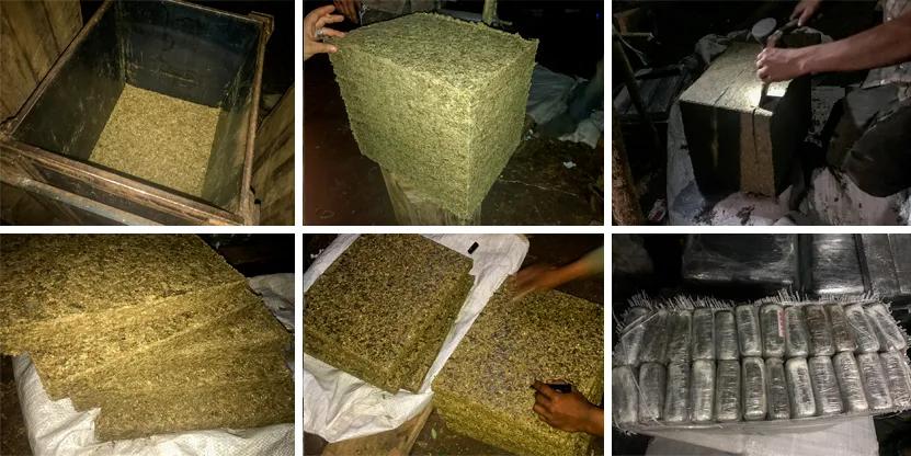 La marihuana se prensa dentro de una caja de metal separada por plásticos hasta formar un cubo de 50 kilos.