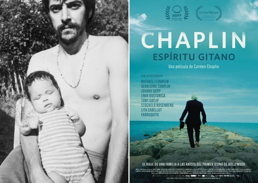 Michael Chaplin sujeta a Dolores, su primera hija con Patricia Betaudier, 1976. Cartel de Chaplin. Espíritu gitano (Carmen Chaplin, 2024), el documental que indaga, a través de Michael, los orígenes gitanos de su padre.