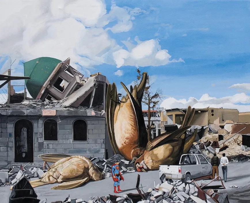 Óscar Seco. Caídos del cielo, 130x162 cm, acrílico sobre tela (2014). 