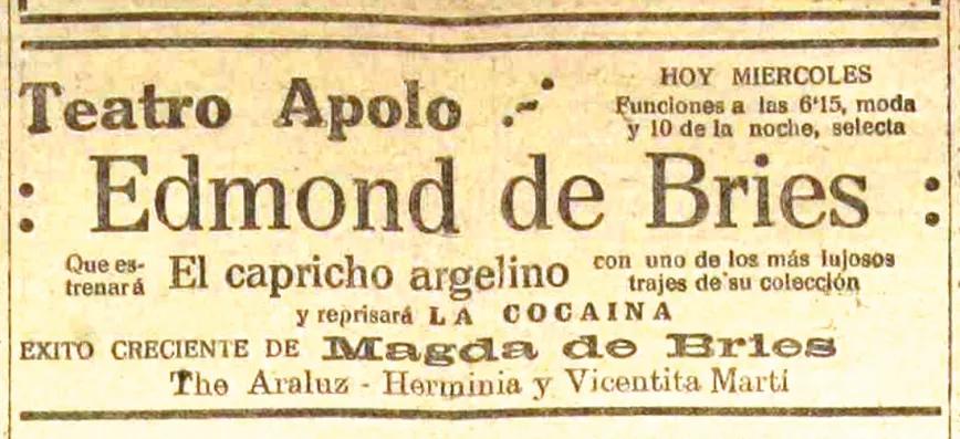 Anuncio de una actuación de Edmond de Bries en el Teatro Apolo de Valencia.