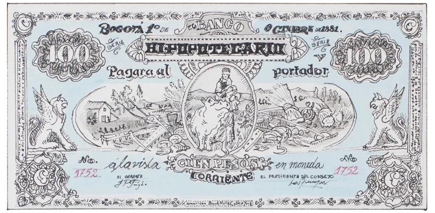 Cien del Banco Hipopotecario, 2025. Tinta china, lápiz y acuarela sobre papel de Alberto Baraya.