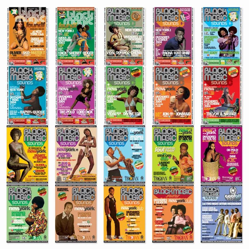 Flyers de las fiestas Black Magic Sounds celebradas en la sala New York. 