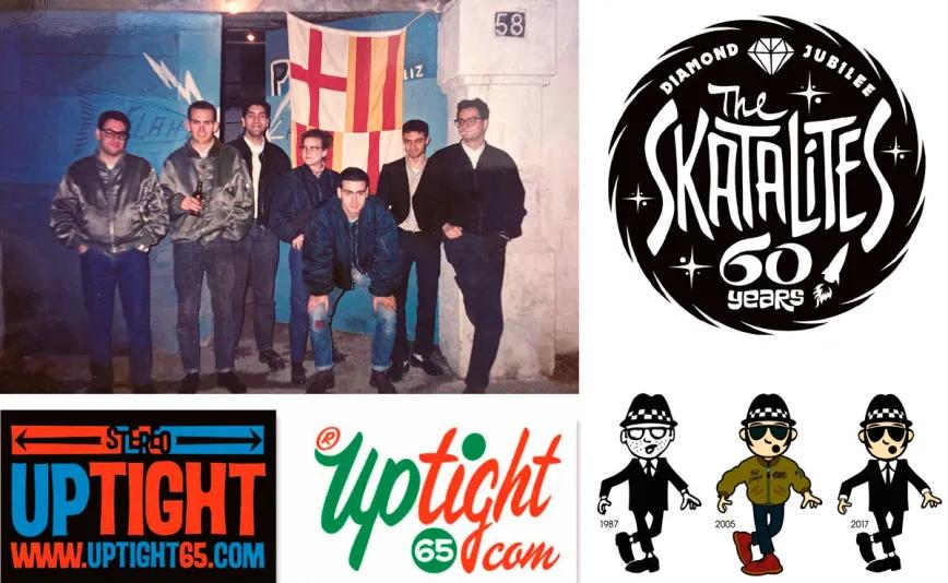 Arriba, Sapo, Oriol Flo, Blacky, Mónica, Luismi, Xeriff y Edgar Geli la noche del estreno oficial de Dr. Calypso en un local alquilado en la carretera de Sant Boi (1989). Logo para el  60 aniversario de The Skatalites. Sobre estas líneas, tarjetas para la mítica marca de camisetas Uptight 65. A la derecha, evolución del logo-mascota de Skatalà, banda pionera en  tocar música jamaicana en la península, a partir de un dibujo de uno de sus dos cantantes, Quique Gallart, inspirado en las tiras de Andy Capp.