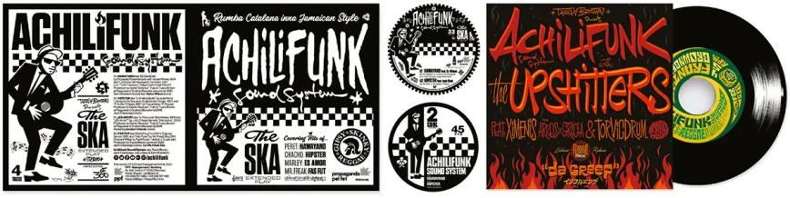 Diferentes artworks para Achilifunk Sound System, proyecto impulsado por Txarly para explorar las conexiones entre la rumba catalana y la música jamaicana.