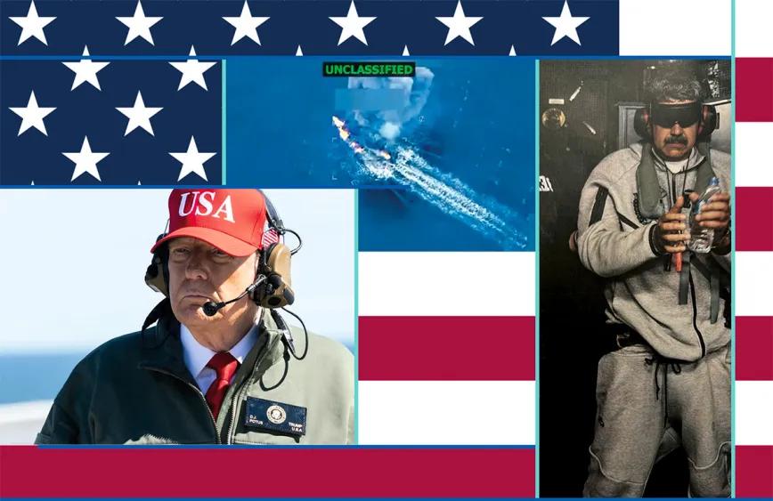 El comandante en jefe, Donald Trump; una supuesta narcolancha bombardeada y la primera foto que se difundió de Nicolás Maduro detenido.