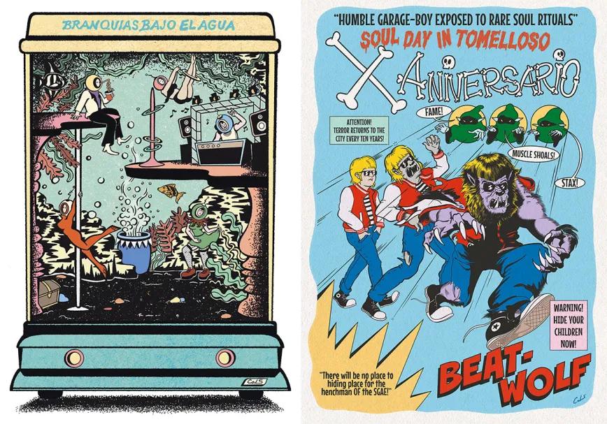 Una de sus curradas viñetas y el cartel del décimo aniversario del festival Beat-Wolf en Tomelloso.