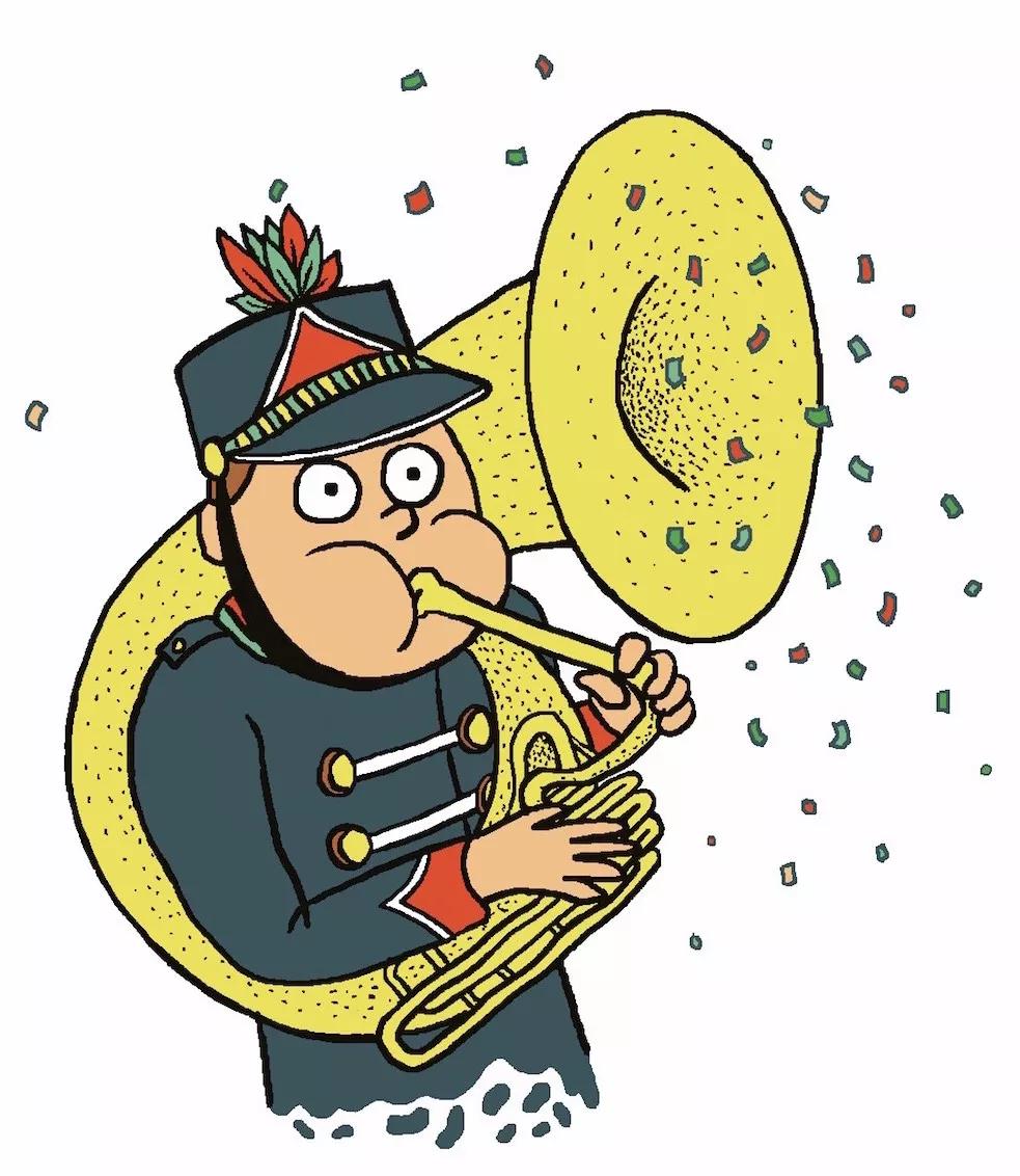 Músico trompa de marching band