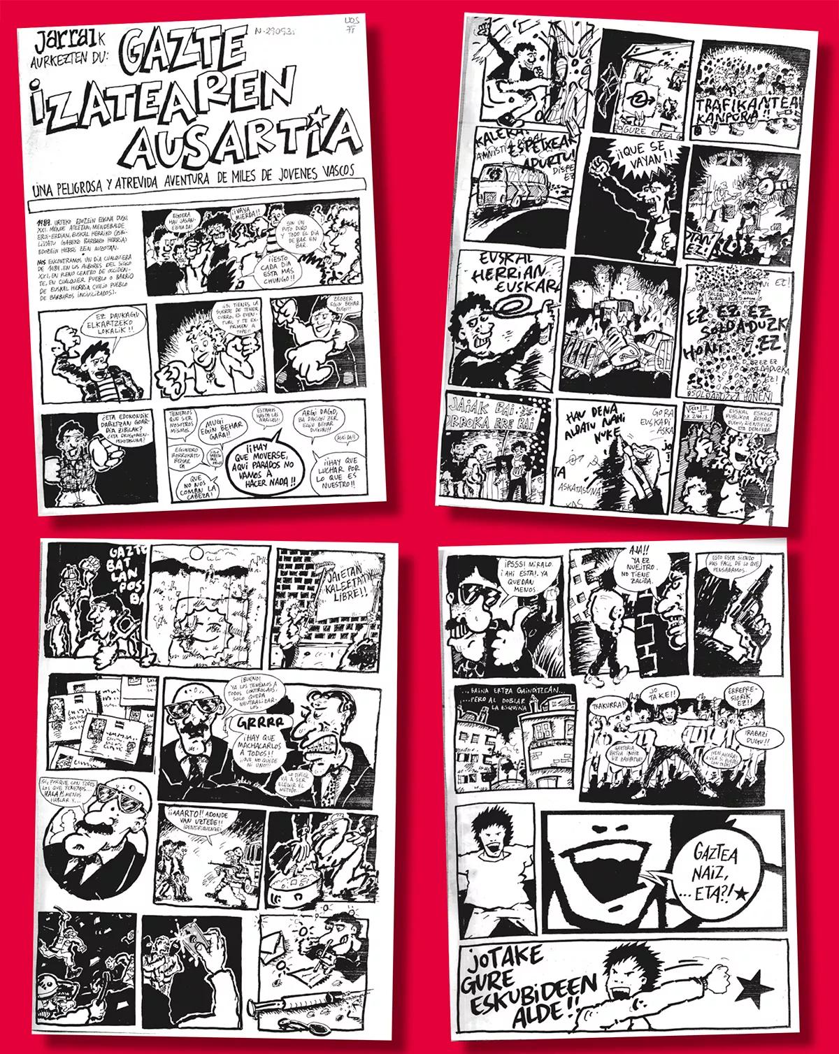 La teoría conspirativa abertzale se divulgaba también en forma de cómic. Estas páginas se han extraído de algunas revistas editadas por Jarrai durante la segunda mitad de los años 80. Una peligrosa y atrevida aventura de miles de jóvenes vascos (Ordizia, 1989)