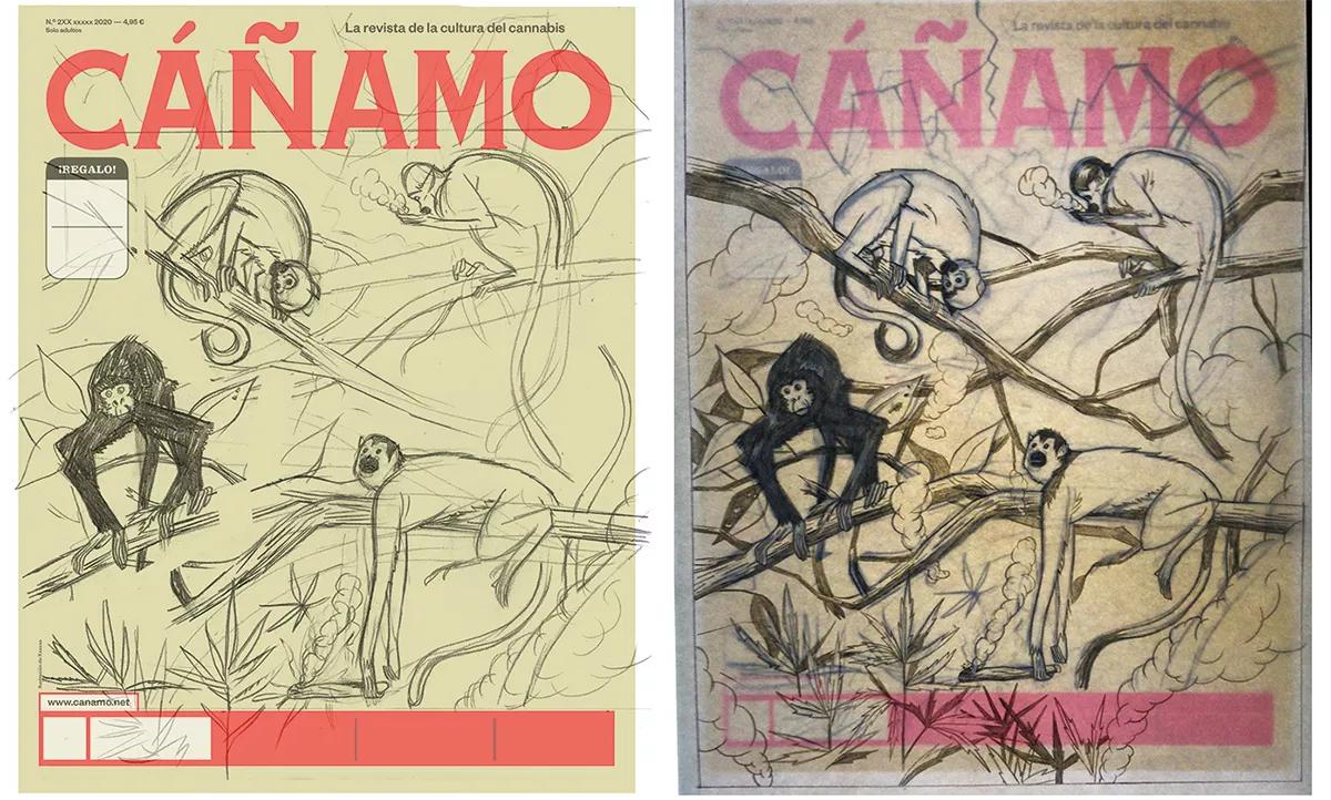 Primeros esbozos de Víctor Coyote para la portada de Cáñamo de este mes.