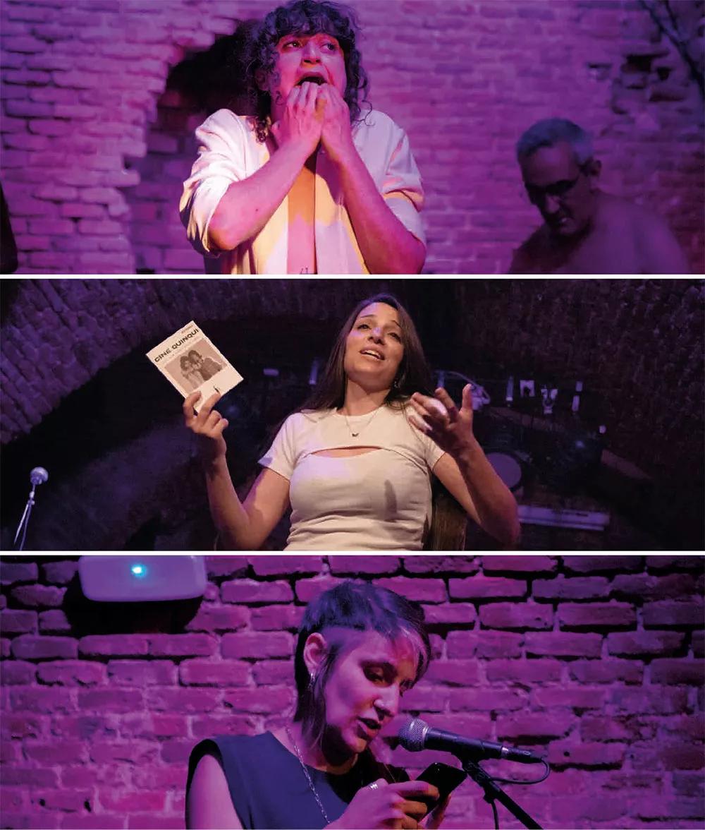 Arriba, María Nolé danza butoh mientras Rafael Carvajal recita. En medio Poochyeeh presenta su libro Cine quinqui. Sobre estas líneas, Elena Mayor recita sus versos leyéndolos en la pantalla de su móvil.