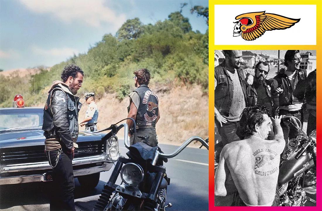 Ángeles del infierno detenidos por agentes de tráfico allá por la década de los sesenta. Y un miembro del club de California luciendo tatuaje.