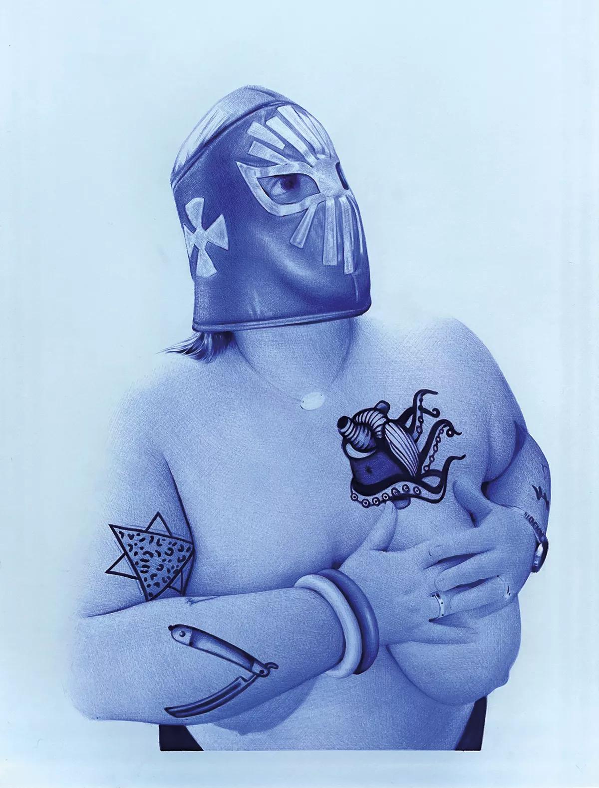 María con su máscara de Miss Tiquiña retratada por Juan Francisco Casas (técnica: boli BIC)