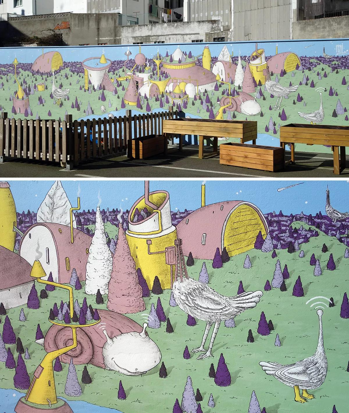 Postindustria, pintura plástica en el V Certamen Muros Que Unen del Fondo Galego de Cooperación, CEIP Sal Lence, A Coruña, 2023.