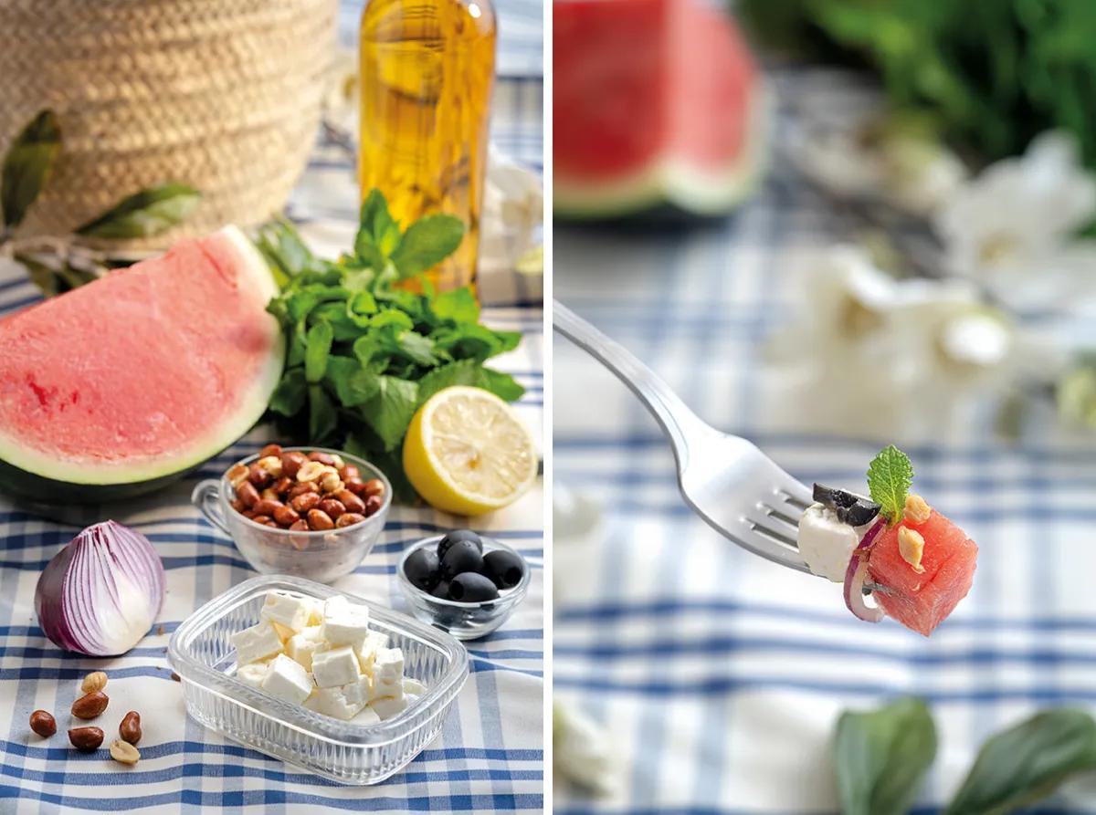 Ensalada de sandía y queso feta con frutos secos y hierba muy buena 
